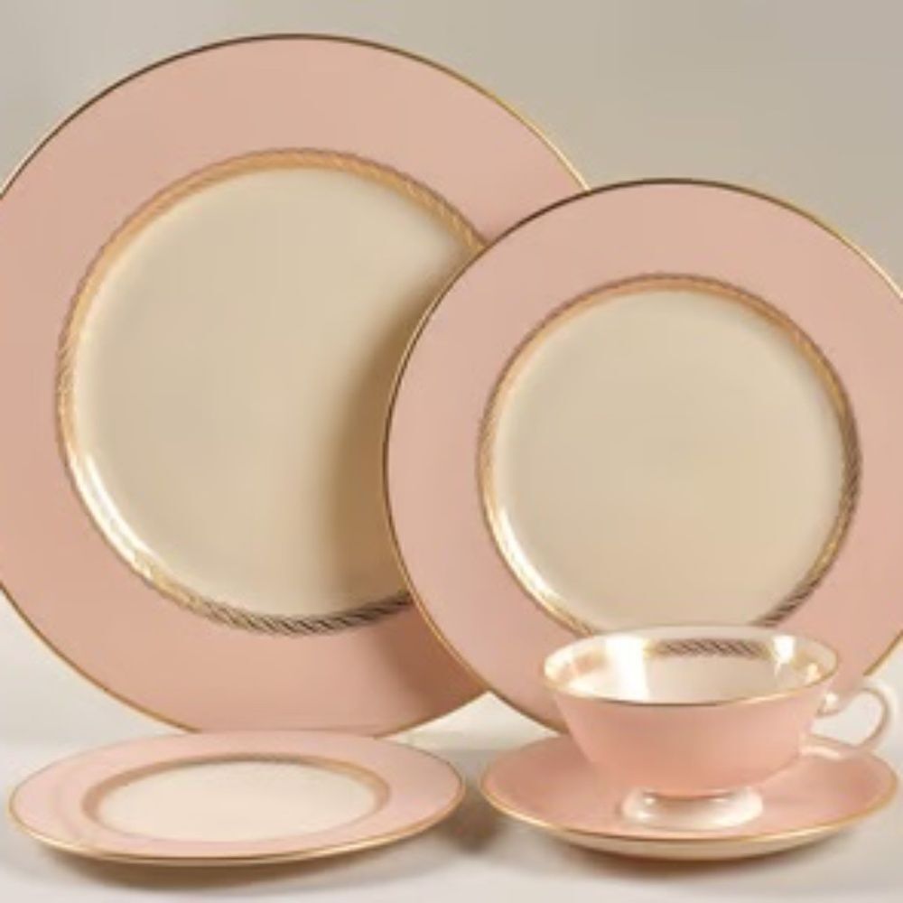 Lenox Caribbee Mid Century MCM 5 Piece Place Setting Pink Gold Rim Dinne…